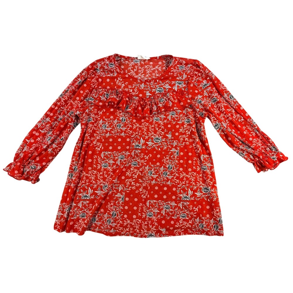 Ember Blouse Womens Small Red Floral Ruffle Yoke 3/4 Sleeve Boho Knit Top